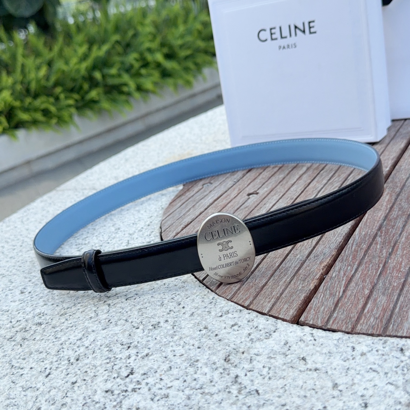 Celine-Maison-Celine-Buckle-Belt-with-Collar-Stud-Black-Blue-Leather