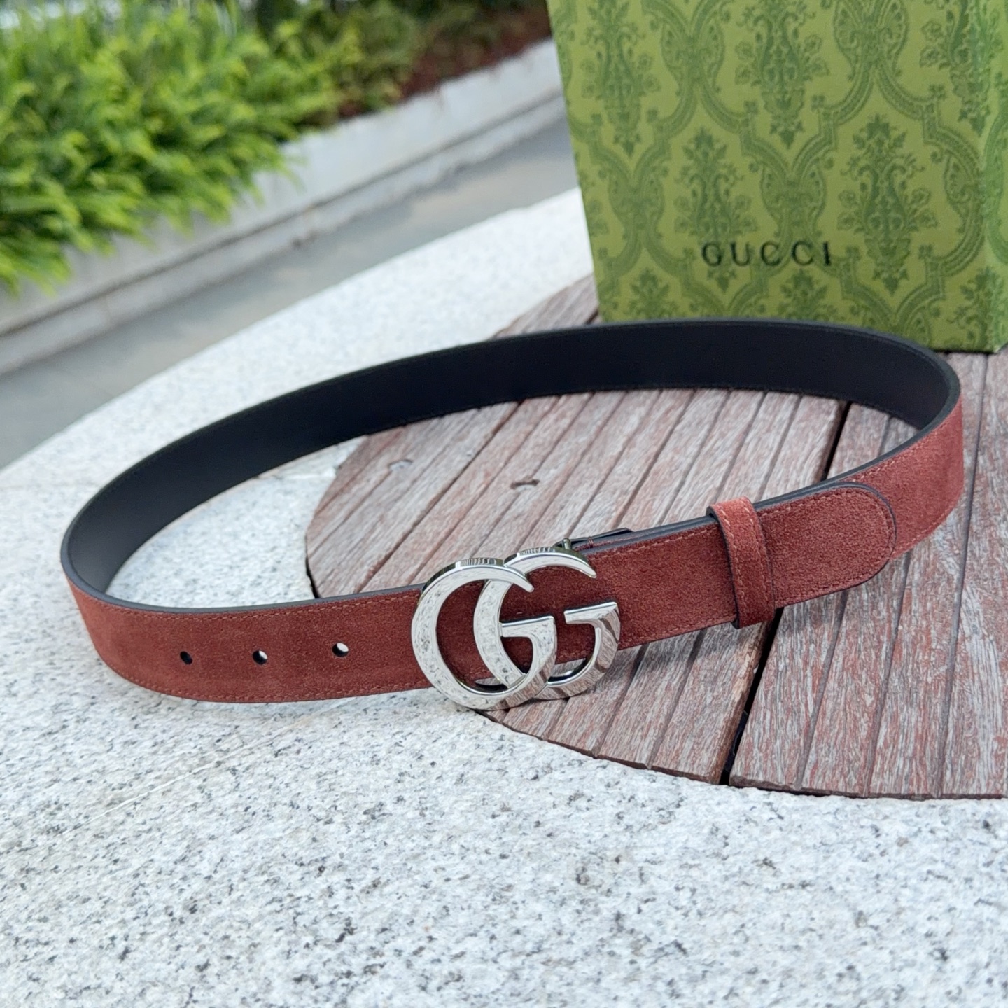 Gucci-Classic-Double-G-Buckle-Brown-Suede-Leather-Belt