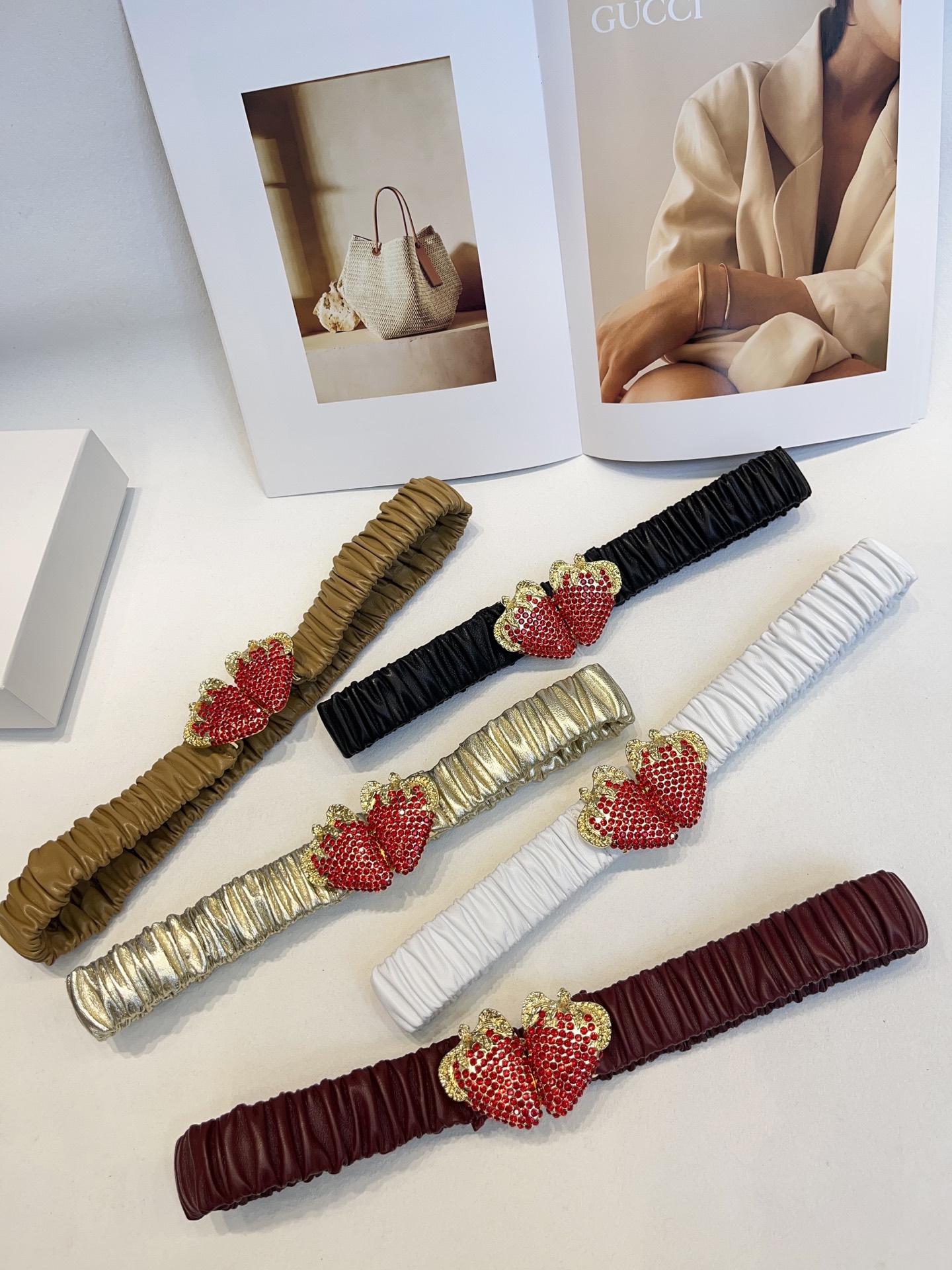 Gucci-Double-Crystals-Strawberry-Buckle-Belt-Black-Matelasse-Leather-30MM