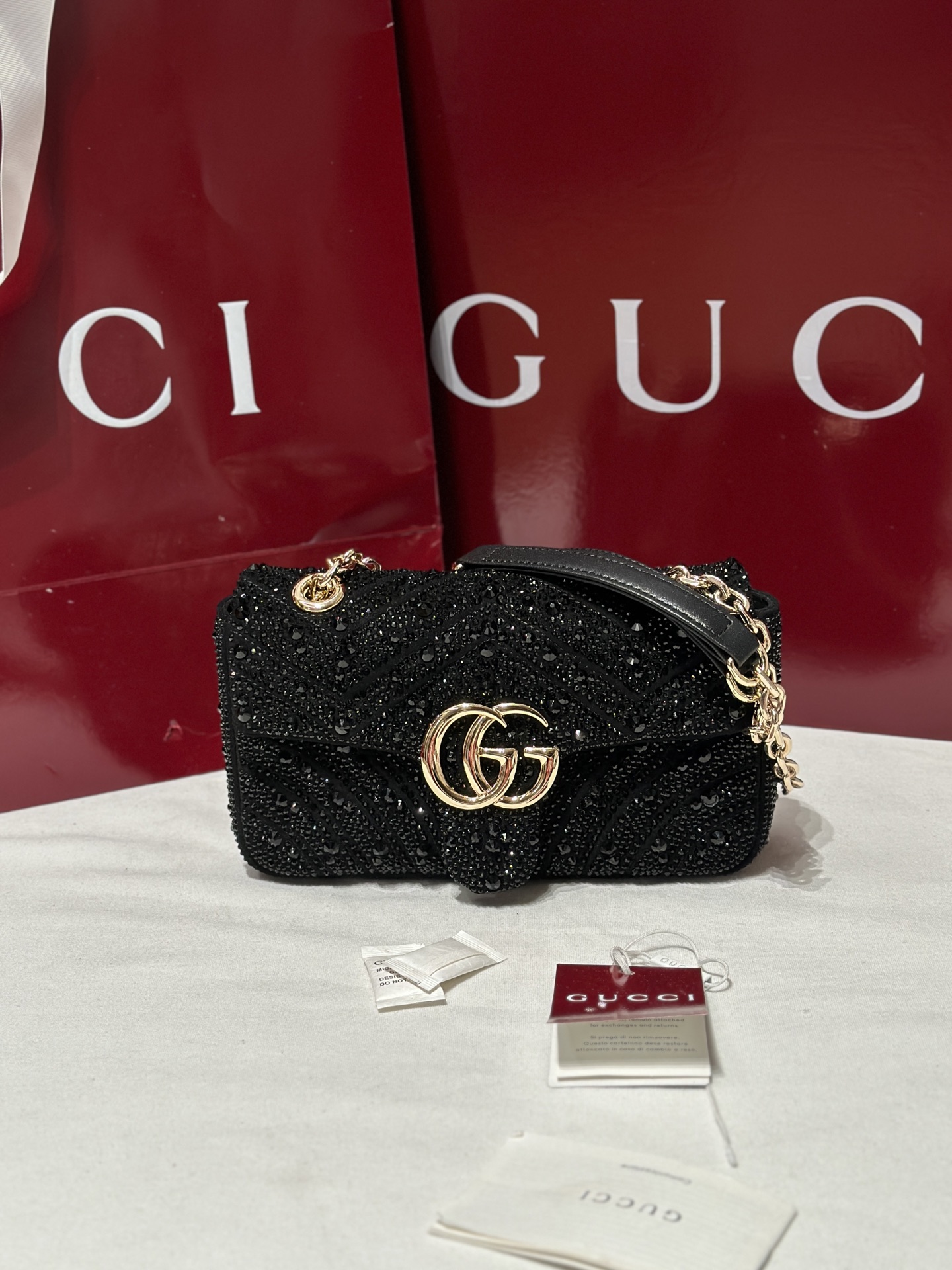 Gucci-GG-Marmont-Crystals-Small-Shoulder-Bag-Black