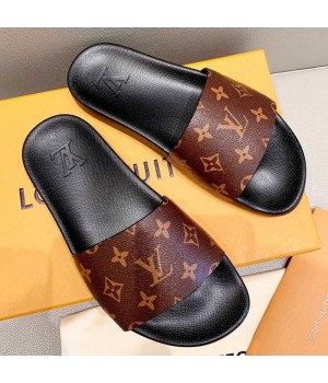 Louis Vuitton Monogram Canvas Flat Slide Sandals Coffee 2019(For Women and Men) (DLY-9062517 )