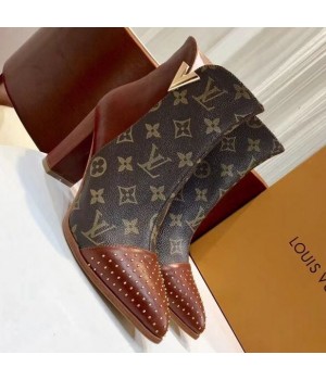 Louis Vuitton Monogram Canvas/Studded Leather Ankle Boot Brown 2018 (GD1054-8121520 )