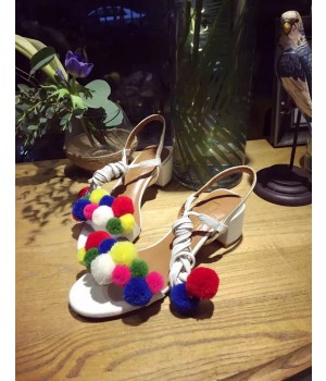 Aquazzura Multicolor Pompon Sandal with 5cm Heel White 2016  (GD5043-6041433 )