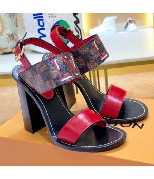 Louis Vuitton Passenger Oversized LV High-Heel Sandals in Damier Canvas and Red Patent Leather 2019 (1054-9062843 )