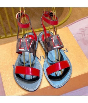 Louis Vuitton Passenger Oversized LV Flat Sandals in Damier Canvas and Red Patent Leather 2019 (1054-9062848 )