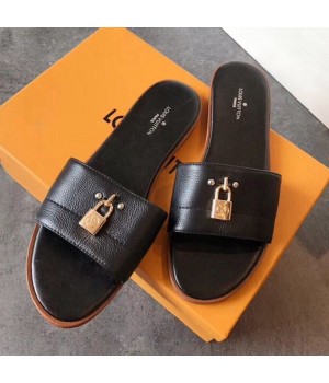 Louis Vuitton Lock It Flat Slide Sandals 1A4FG7 Black Leather 2019 (EM-9041334 )