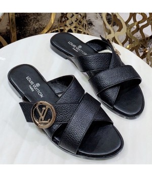 Louis Vuitton Horizon Calfskin LV Circle Flat Mule Sandals Black 2019 (1050-9061826 )