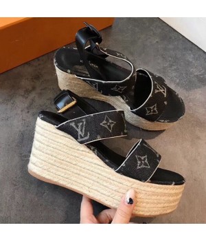 Louis Vuitton Monogram Canvas Wedge Espadrilles Sandals Black 2019 (EM-9051524 )
