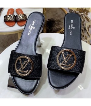 Louis Vuitton Lock It LV Circle Calfskin Flat Slide Sandals Black 2019 (1050-9061836 )
