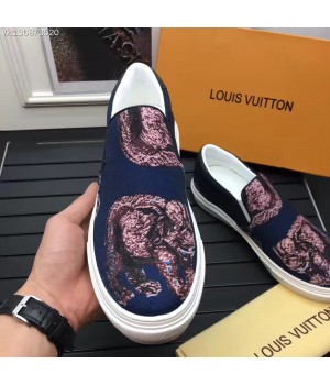 Louis Vuitton Men's Slip-on Sneaker Animal Print Denim Canvas Blue 2017 (K2100-7061708 )