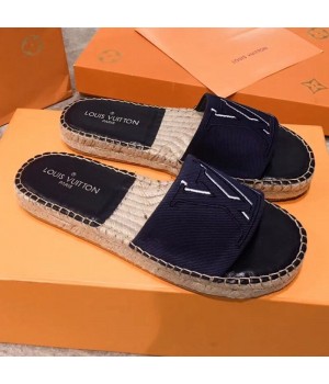 Louis Vuitton Seashore Oversize LV Flat Espadrilles Slide Sandals Dark Blue 2019 (HQG-9051602 )
