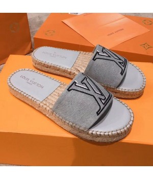 Louis Vuitton Seashore Oversize LV Flat Espadrilles Slide Sandals Grey 2019 (HQG-9051603 )