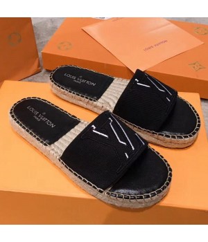 Louis Vuitton Seashore Oversize LV Flat Espadrilles Slide Sandals Black 2019 (HQG-9051604 )