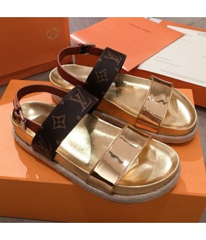 Louis Vuitton Bom Dia Monogram Metallic Leather Flat Espadrilles Sandals Gold 2019 (HQG-9051607 )