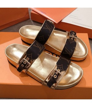Louis Vuitton Bom Dia Monogram Leather Flat Sandals 1A4WJK Gold 2019 (HQG-9051612 )