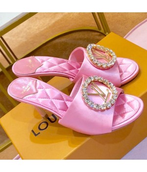 Louis Vuitton Madeleine Silk Crystal LV Circle Heel Slide Sandals Pink 2019 (1054-9062122 )