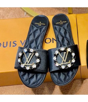 Louis Vuitton Madeleine Silk Crystal LV Circle Flat Slide Sandals Black 2019 (1054-9062123 )