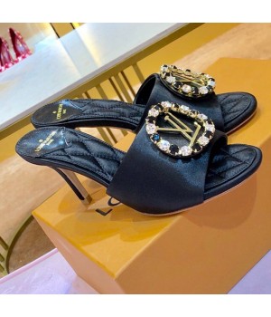 Louis Vuitton Madeleine Silk Crystal LV Circle Heel Slide Sandals Black 2019 (1054-9062124 )