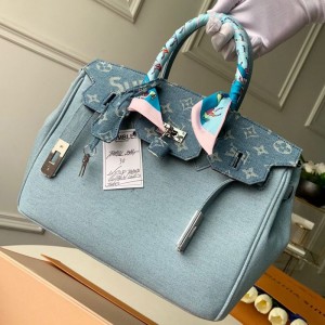 Louis Vuitton x Supreme Denim Humble Travel Birkin 30cm Top Handle Bag M48888 Denim Blue 2019 (KD-9050835 )