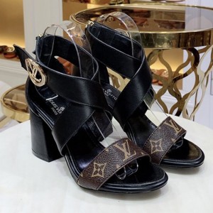Louis Vuitton Horizon Calfskin Monogram Cross-Over Straps LV Circle Heel Sandals Black 2019 (1050-9061824 )