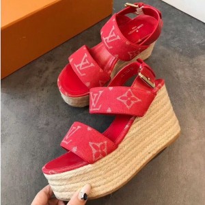 Louis Vuitton Monogram Canvas Wedge Espadrilles Sandals Red 2019 (EM-9051523 )