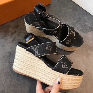 Louis Vuitton Monogram Canvas Wedge Espadrilles Sandals Black 2019 (EM-9051524 )