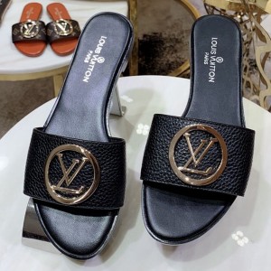 Louis Vuitton Lock It LV Circle Calfskin Flat Slide Sandals Black 2019 (1050-9061836 )