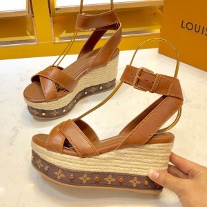 Louis Vuitton Leather Monogram Wedge Espadrilles Sandals Brown 2019 (1054-9051558 )