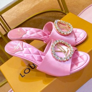 Louis Vuitton Madeleine Silk Crystal LV Circle Heel Slide Sandals Pink 2019 (1054-9062122 )