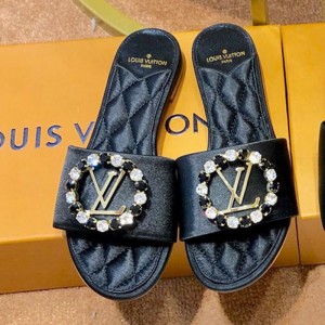 Louis Vuitton Madeleine Silk Crystal LV Circle Flat Slide Sandals Black 2019 (1054-9062123 )